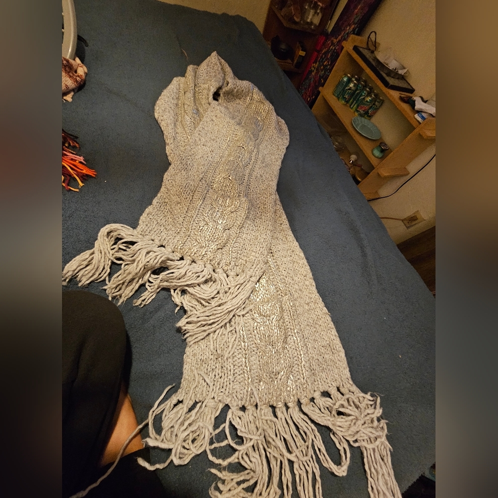 Express Gray Knit Scarf with Fringe